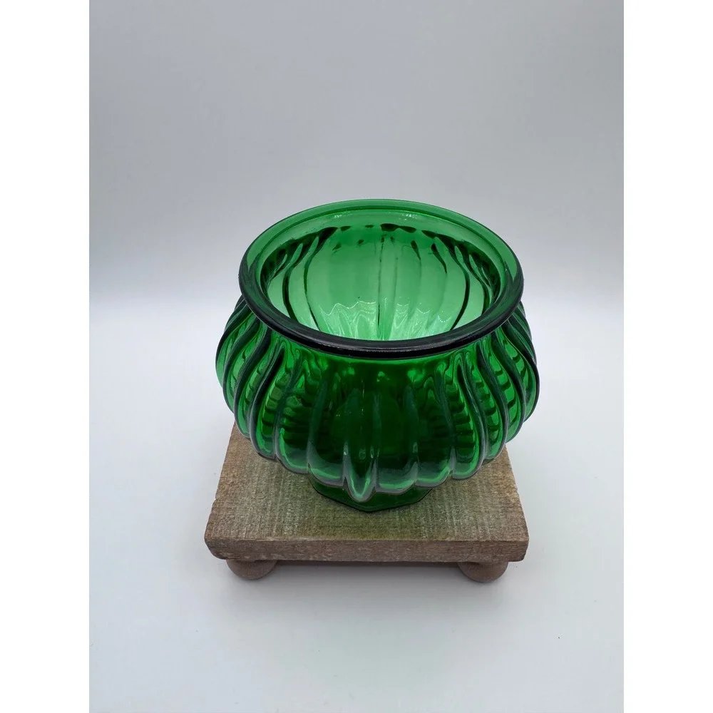 EO Brody Co Emerald Green Glass Ribbed Melon Vase Pedestal Bowl Cleveland Ohio